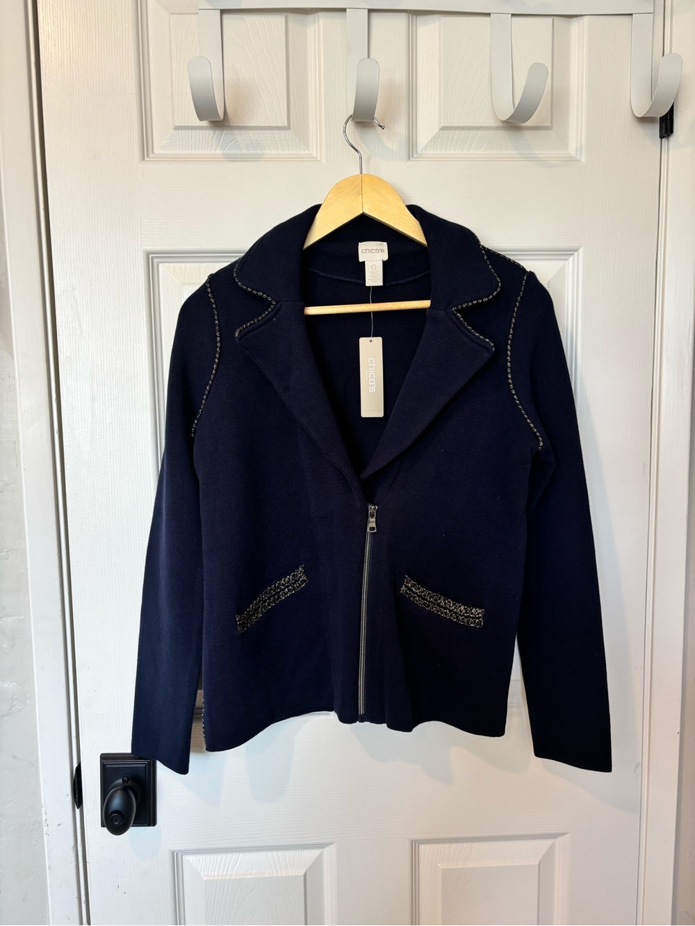 Chico's Navy Zip-Front Blazer with Contrast Metallic Stitch